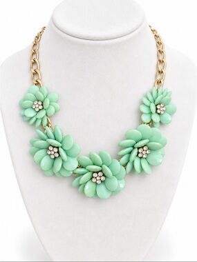 Mint Green Floral Statement Necklace Gold-Tone Chain Rhinestone Centers